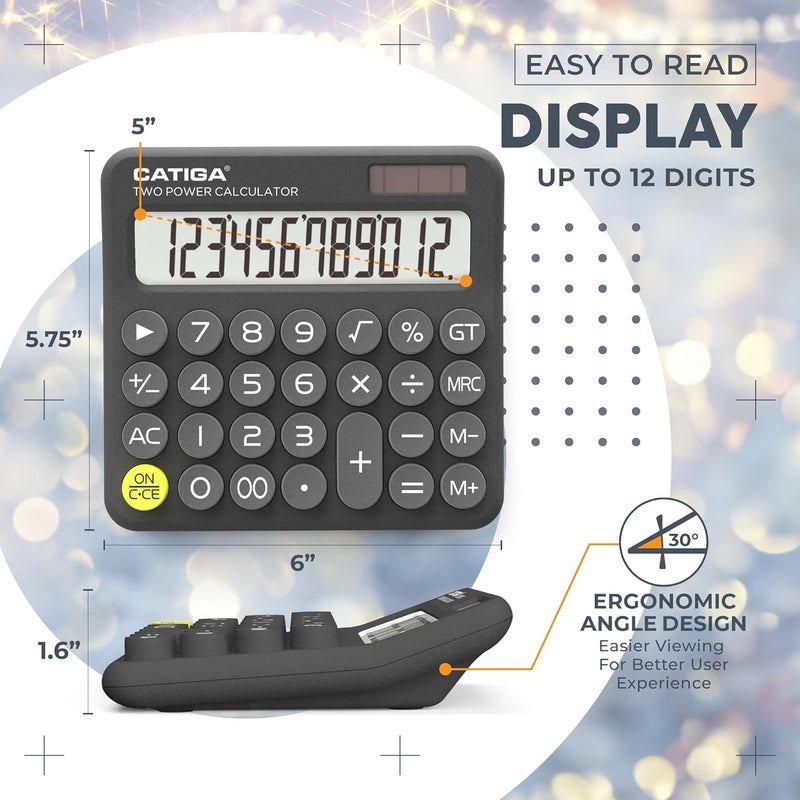 CATIGA Mechanical Switch Calculator with Solar and Battery Dual Power, 12-Digit Large LCD Display, Aesthetic and Cute Desktop Calculator with Big Button, for Home, School and Office Use, SD-1299 - Image 4